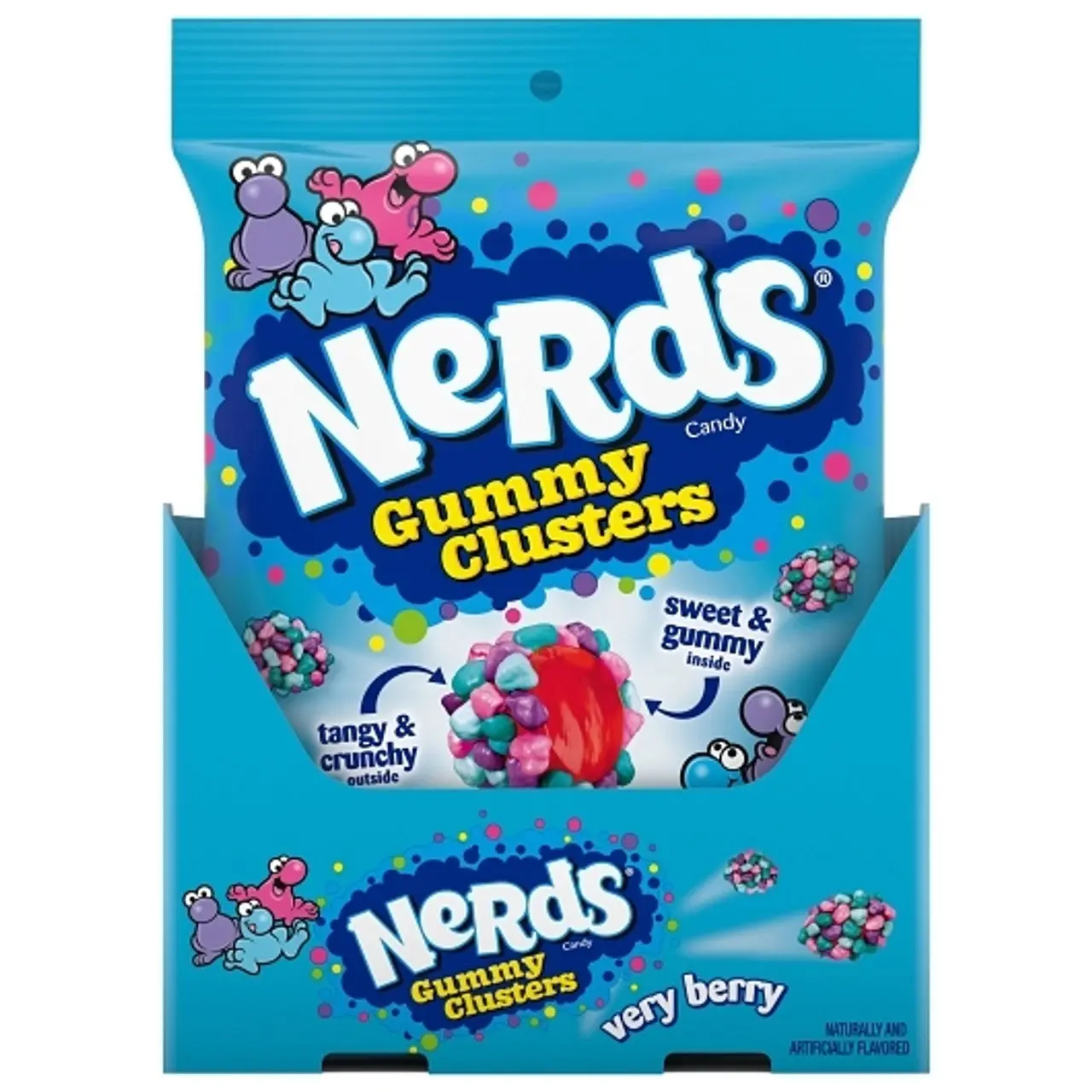 Nerds Clusters Very Berry 5 oz peg bag. 12 ct. -  Delightful Mix of Berry Flavors, Featuring a Chewy Gummy Center Surrounded by Crunchy Nerds Candies in Blueberry, Raspberry, Strawberry, Wild Berry, and Grape - 12 Count Box Sweet Snack