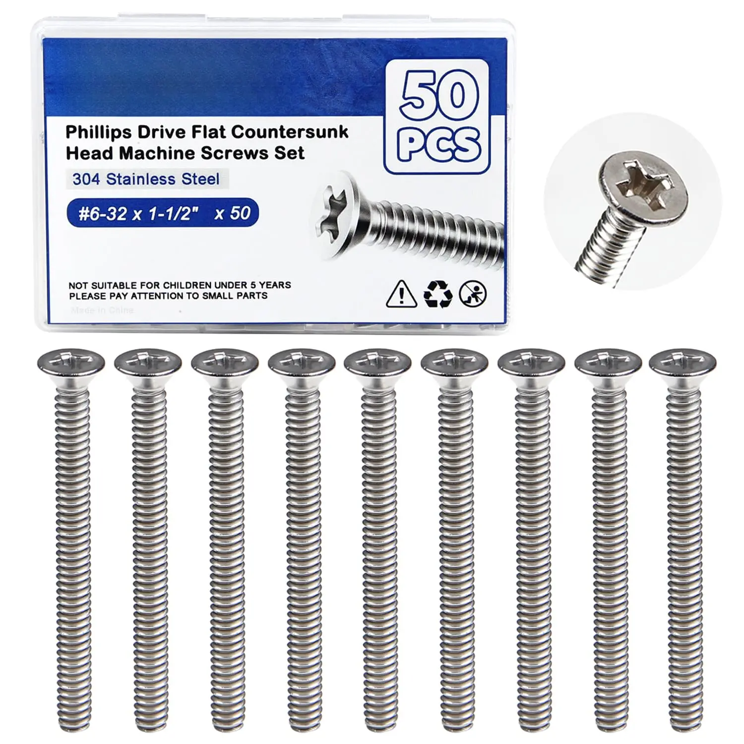 50 count #6-32 Extra Long Outlet Screws, #6-32 x 1-1/2" 304 Stainless Steel Long Electrical Outlet Machine Screws,  Phillips Flat  Countersunk Mounting Screws
