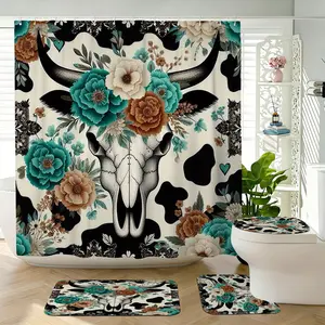 Western Style Cow Skull Floral Decorative Shower Curtain Set, Colors, Vintage Flowers Dairy Pattern, Bathroom Home Decor Accessories