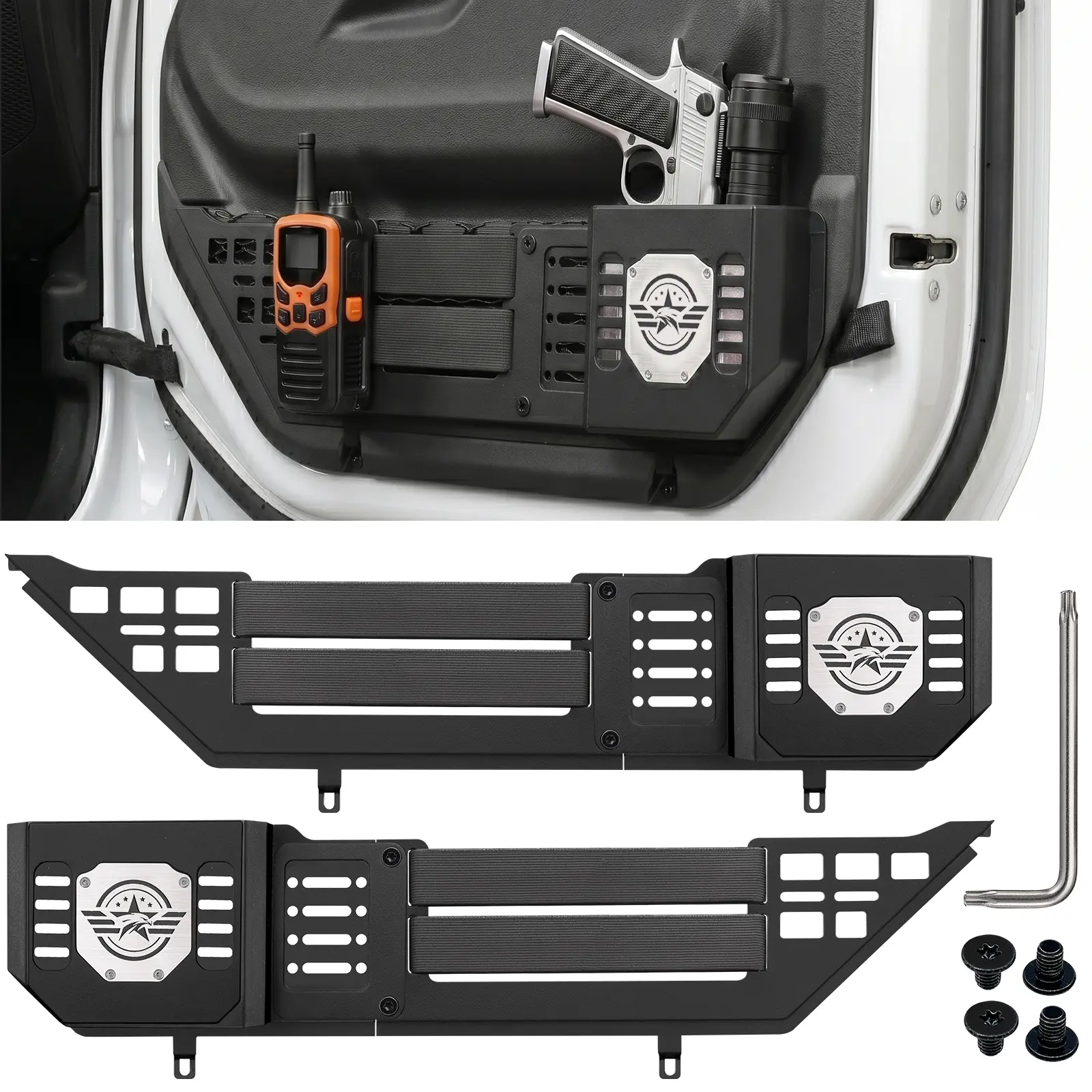VEILS Metal Car Organizers and Storage Box Pockets - 2PCS Front Door Vehicle Organizers for Jeep Wrangler JL & Gladiator JT 2018-2025, Easy Install, Fits Manual & Power Seats, With Logo Emblem & Vented Slots