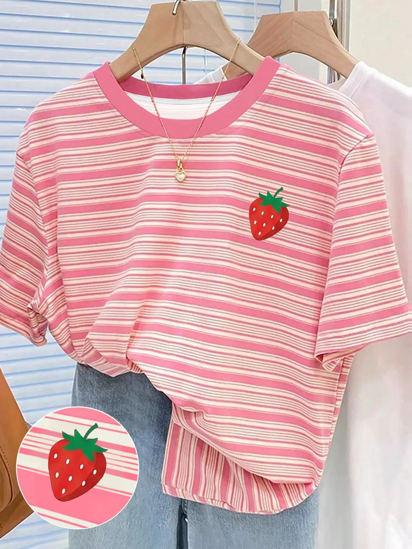 Women's Striped Strawberry Print T-Shirt, Cute Short Sleeve Top, Sweet Summer Everyday Casual Wear, Adorable Kawaii Soft Girl Style, Womenswear