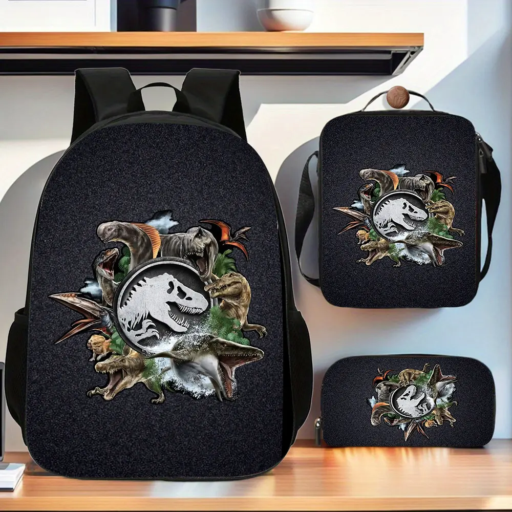 Jurassic Dinosaur 3PCS Backpack Set, T-Rex Logo Print School Backpack with Lunch Box & Pencil Case, Lightweight Durable Daypack for Kids Boys, Ideal Prehistoric Dinosaur Fans School Supplies Gift