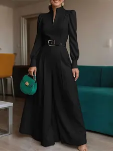 Women's European Style Commuter Mock Neck V-Neck Long Sleeve Woven Wide Leg Fit Jumpsuit, No Pocket Design, Perfect for Office Wear