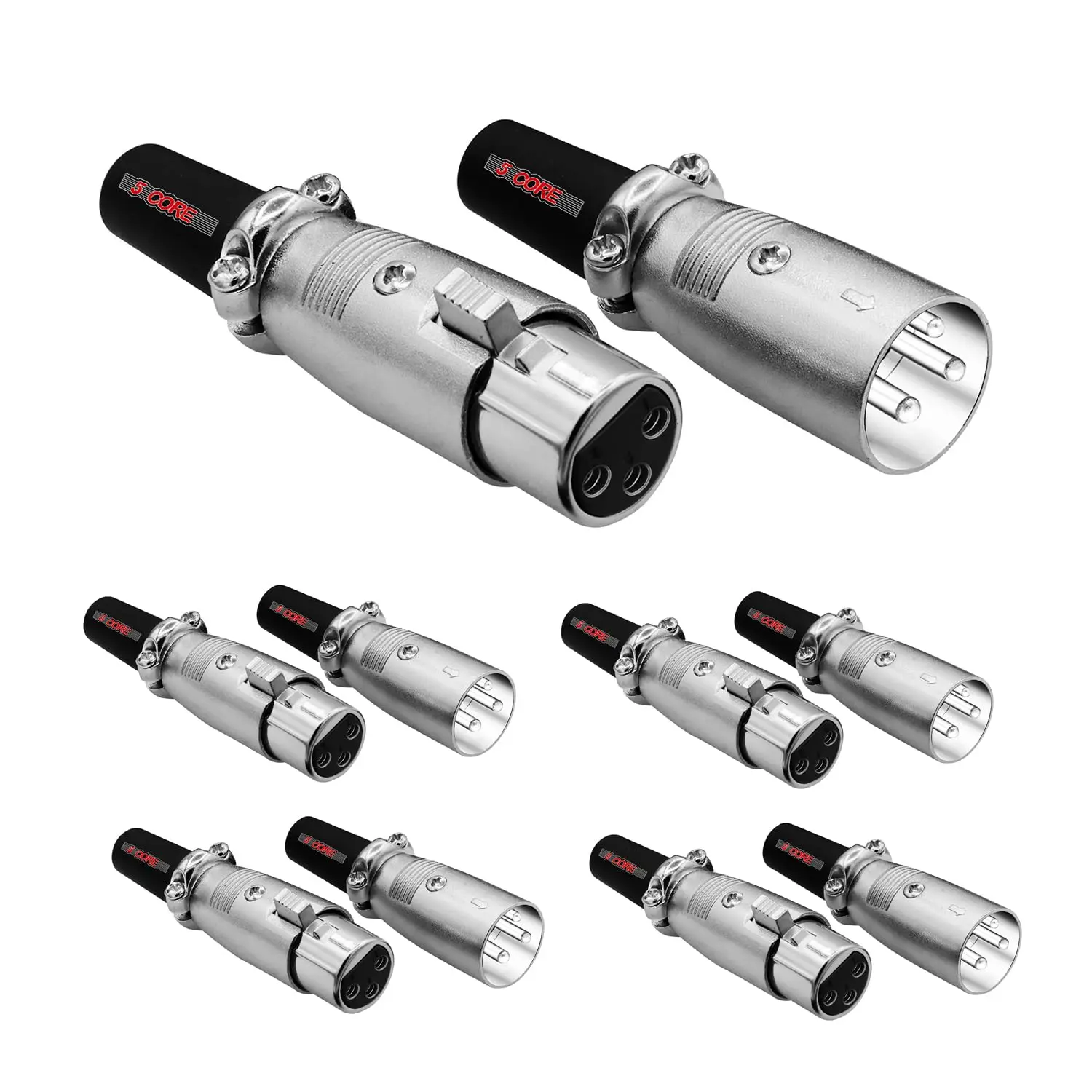 5 CORE 5-Pair Metal XLR Connectors - 3-Pin Male & Female to 1/4" Audio Jack Accessories, Secure Locking Ends for Mixer, Amplifier, Recording Equipment & Audio Devices