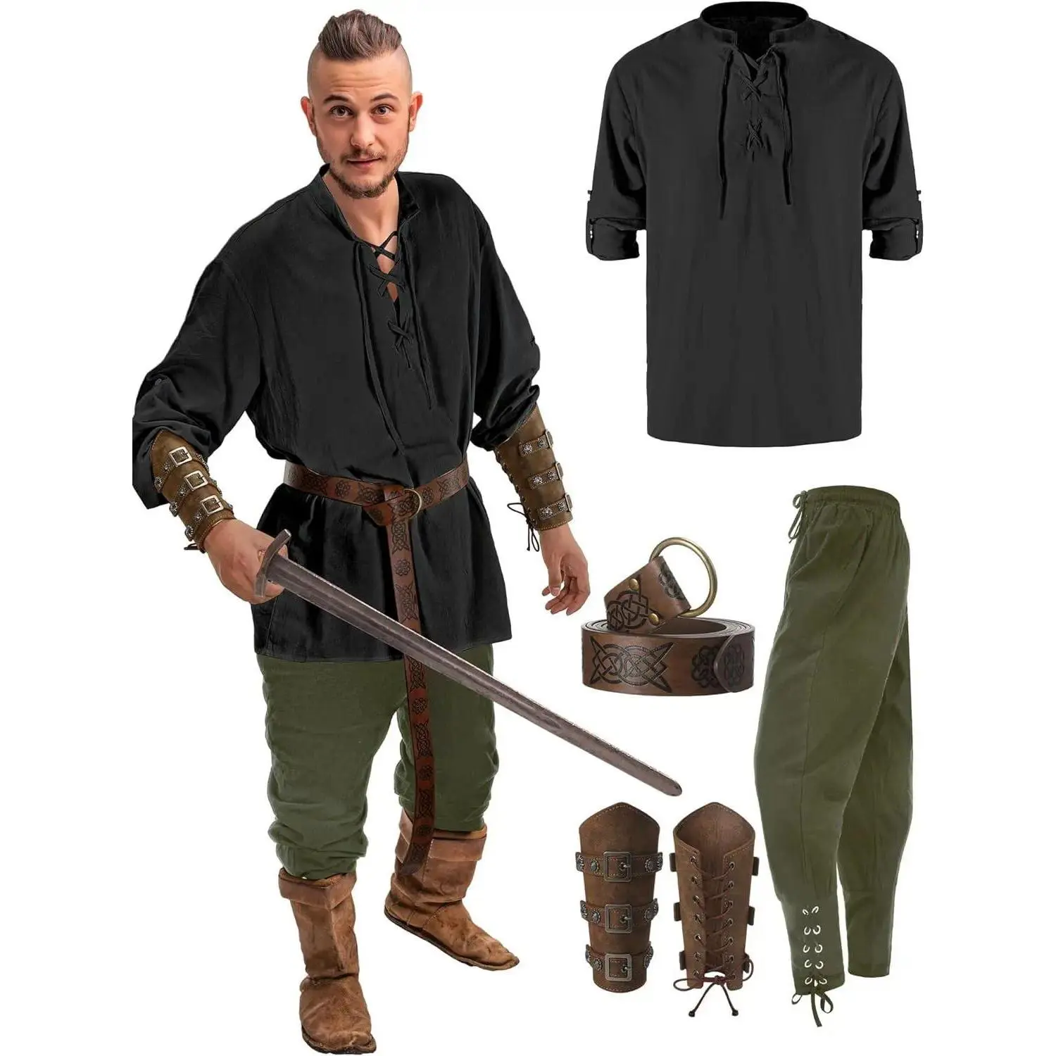 Men's 4-Piece Historical/Period Halloween Costume Set - Medieval Pirate Shirt, Ankle-Banded Pants, Viking Belt, Accessories for DIY Cosplay