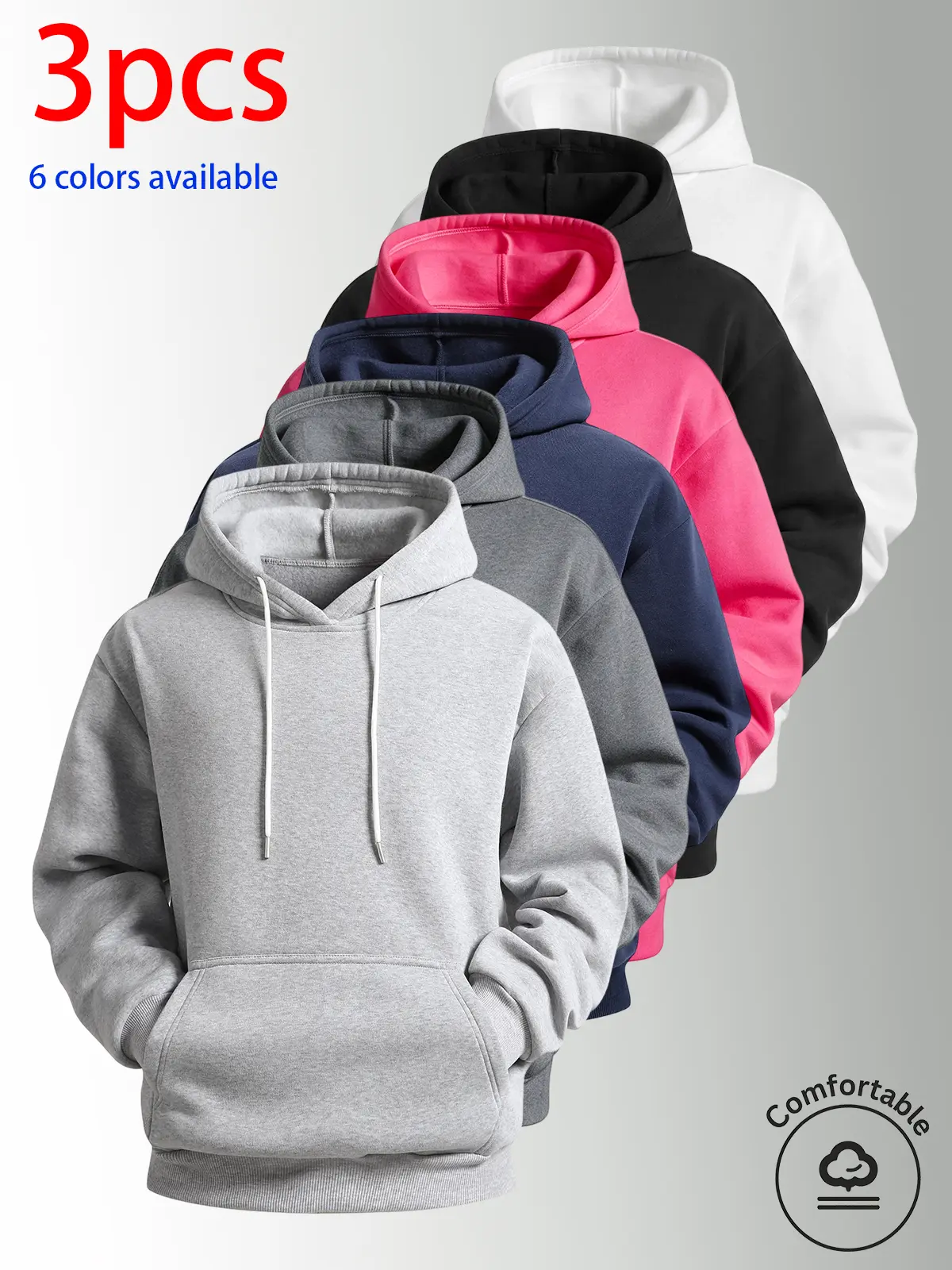 3-pack: men’s hooded sweatshirt, men’s sweatshirt. Loose fit with drawstring kangaroo pockets—super practical. Soft, comfortable, skin-friendly fabric. Simple solid-color design, available in multiple colors. Suitable for daily commuting, shopping, home w