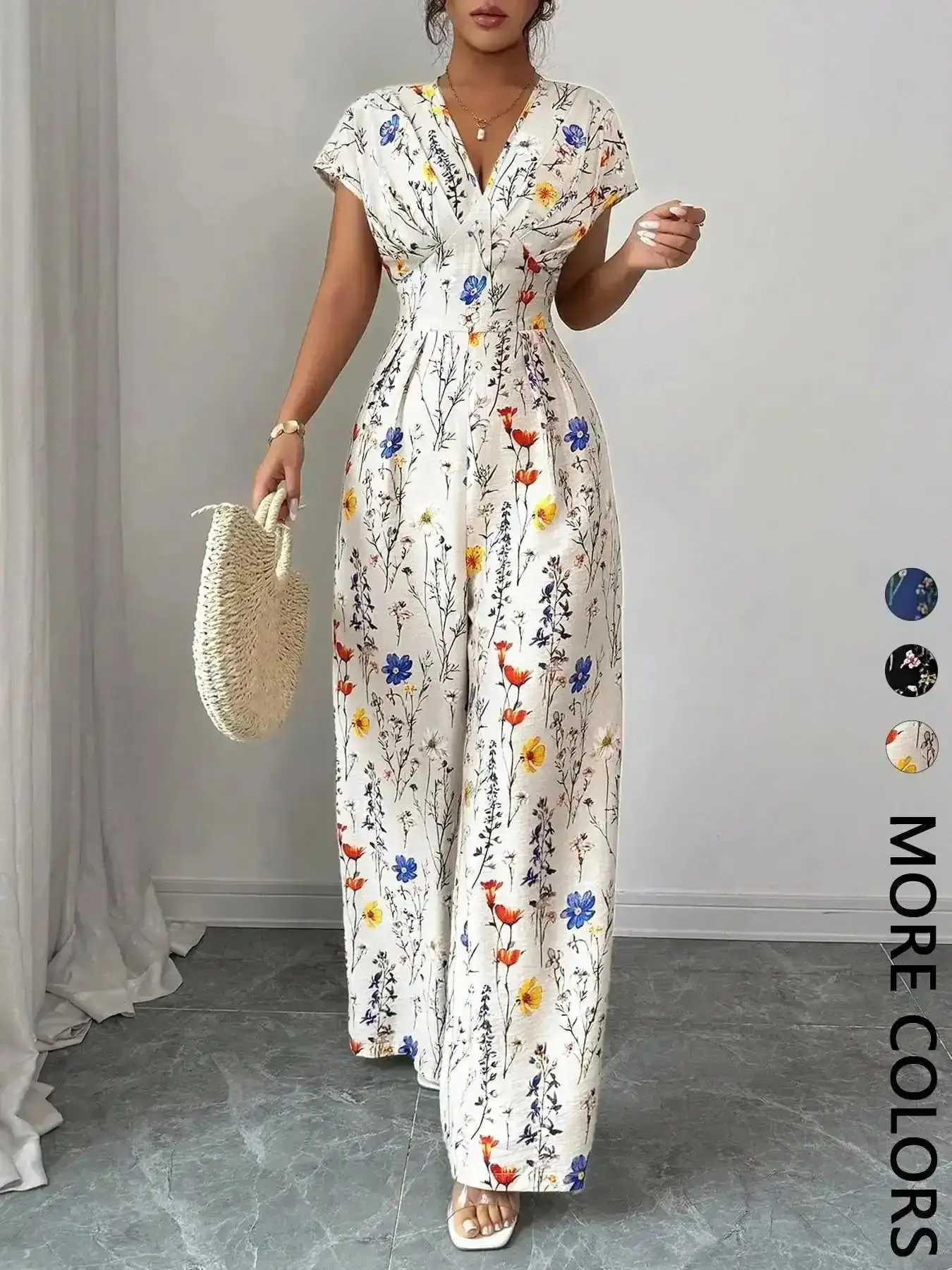 Elegant Floral Print Romper for Women, V-Neck Short Sleeve High Waist Wide Leg, Vacation Style Chic One-Piece, Comfortable and Stylish Womenswear Minimalist Party Dress Coat all season wear easy care