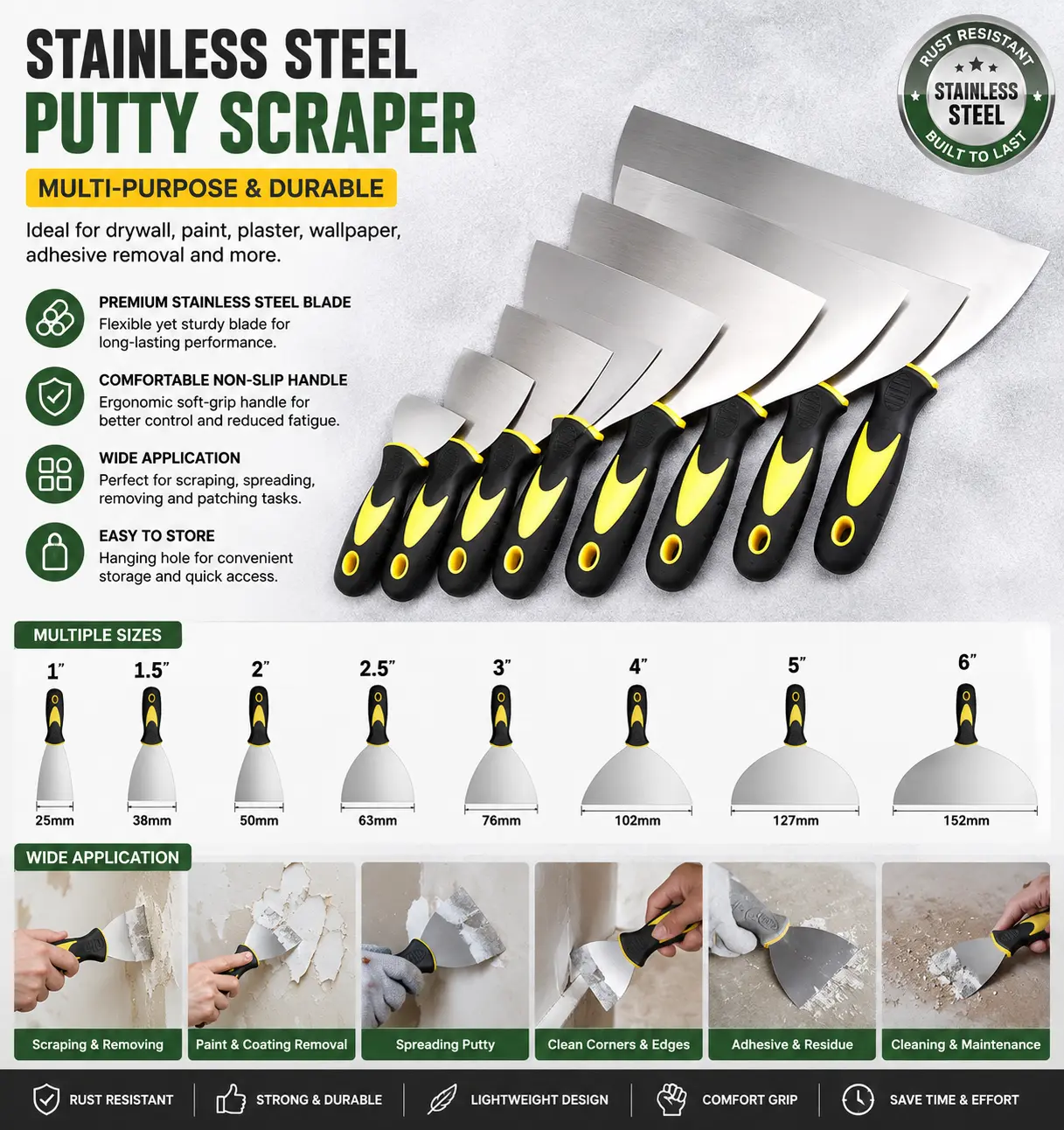 Stainless Steel Putty Knife | Paint Scraper | Drywall Spackle Tool | Flexible Blade | 1"-6" Sizes