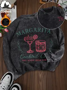 Women's Casual Vintage Wash Cotton Fitted Pullover Sweatshirt, Round Neck Long Sleeve Fleece Lined Hoodie for Fall Winter Fashion