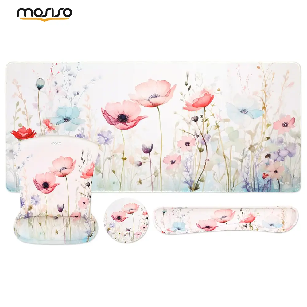 MOSISO Modern Desk Pad Mat Set - Ergonomic PC/Laptop Keyboard-Mouse Pad, Wrist Support, Coaster, Memory Foam Non-Slip Cushion for Gamers, Home Office (Ink Wildflower Design)
