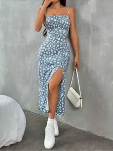 Women's Summer Floral Print Knit Dress with Thin Straps, Spaghetti Strap, Split Hem Design, Perfect for Vacation and Summer Wear, Stylish and Comfortable