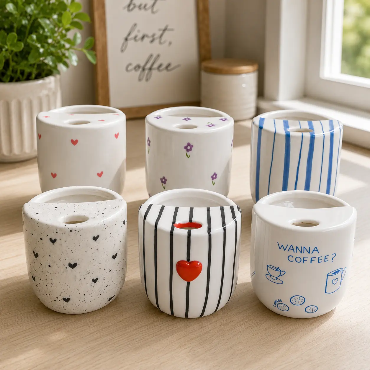 Handmade Ceramic Coffee Mug - 10 oz Shaped Drink Cup with Sip Hole, Cute Stripes, Microwave Safe, Dishwasher Safe, Travel-Friendly, Gift-Worthy Item for Coffee Lovers & Grandma