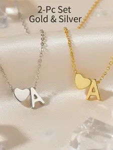 2Pcs Heart Initial Necklace Set for Women Gold & Silver Letter A-Z Necklace Dainty Personalized Alphabet Name Pendant Jewelry Two-Tone Minimalist Choker Birthday Anniversary Gifts for Her Mom Girlfriend Bestie Trendy Necklaces Jewelry for Girls