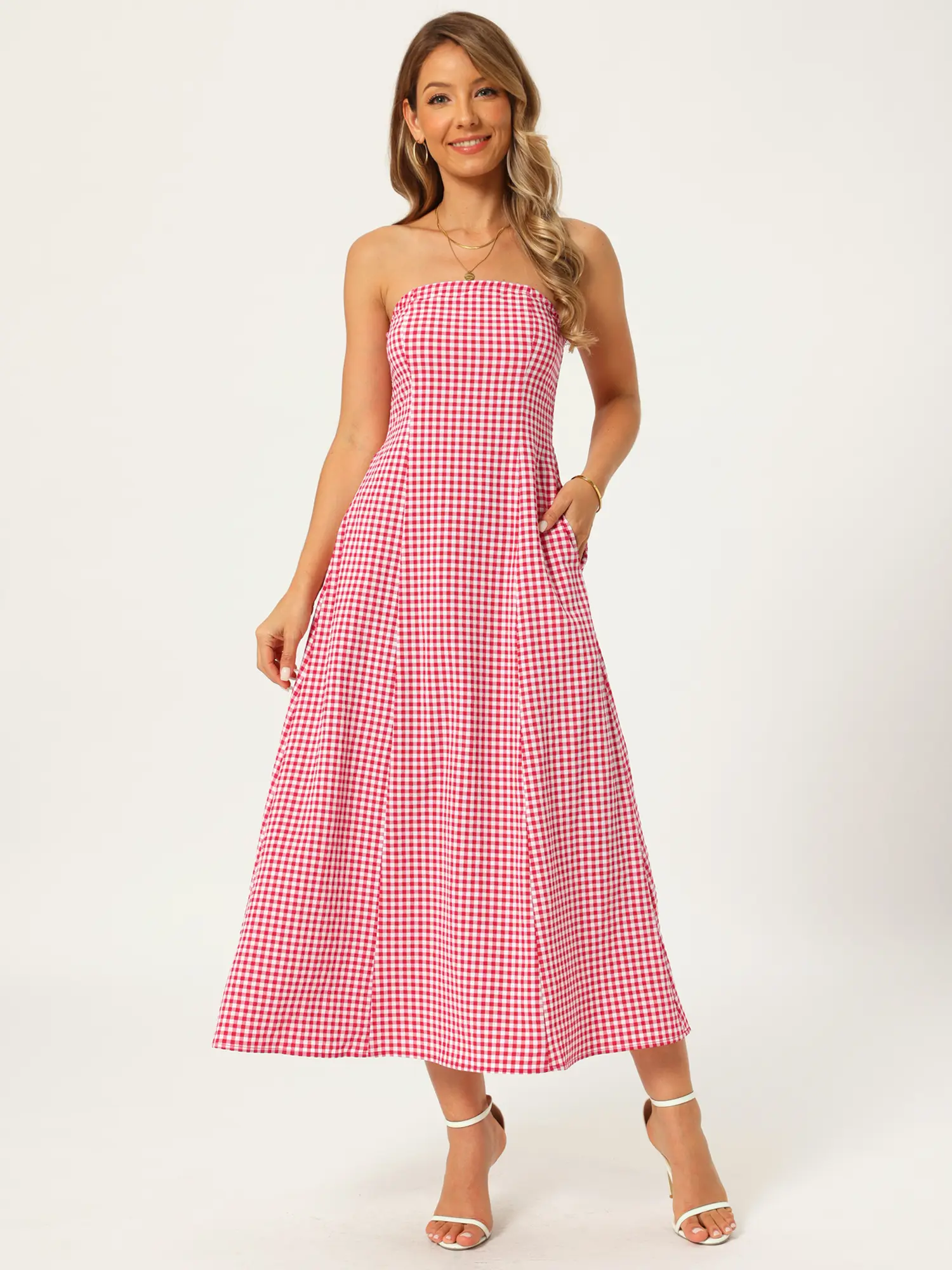 INSPIRE CHIC Women's Gingham Strapless Maxi Dress Summer Vacation Beach Casual Flowy Sundress with Pockets