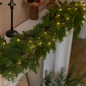 6FT Christmas Garland PARTY JOY Pine Garland with 16.4FT LED Lights String, Greenery Plant for Christmas Decorations Table Mantle Background Wall Room Outdoor Indoor Winter Decoration