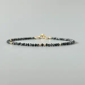 Natural Snowflake Obsidian Stone Bracelet 3mm Tiny Black White Gemstone Dainty Bracelet Delicate Crystal Beaded Bracelet Anklet Minimalist Style for Women Handmade Adjustable