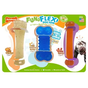 Nylabone Fun & Flex Dog Toy Pack, 3 Pieces, Flexible Chew Toys for Light to Moderate Chewers, Freezable Treat Toy, Chicken and Bacon Flavored