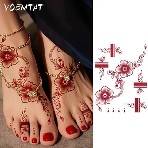 Red Brown Henna-style Flower Waterproof Temporary Tattoo Sticker Simple Lines Vines Floral Totems Body Art Arm Hand Wrist Foot Sleeve For Women Men Aldults Bridal Wedding Festival Party Fake Tattoos