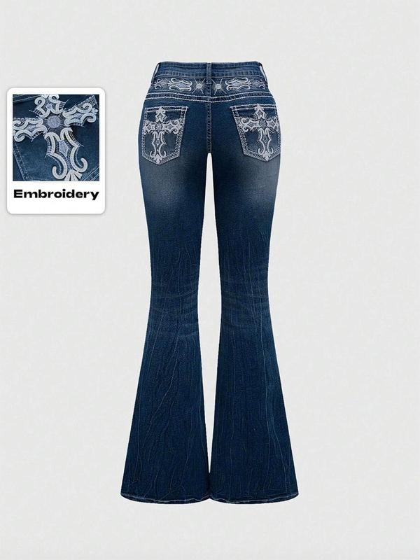 Grunge Punk Y2K Retro Poket Cross Wings Embroidered Flare Leg Fitted Stretch Jeans For Women,Bootcut Jeans