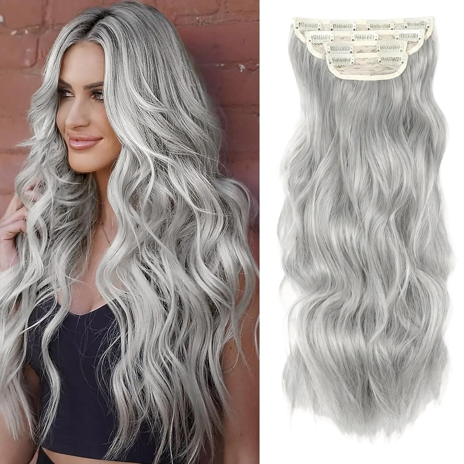 VOSILK Women's Wavy Clip-in Hair Extensions, 4Pcs 20in Premium Synthetic Black-Mix-Blonde-Silver Grey Colored Hairpiece, Premium Synthetic Hair