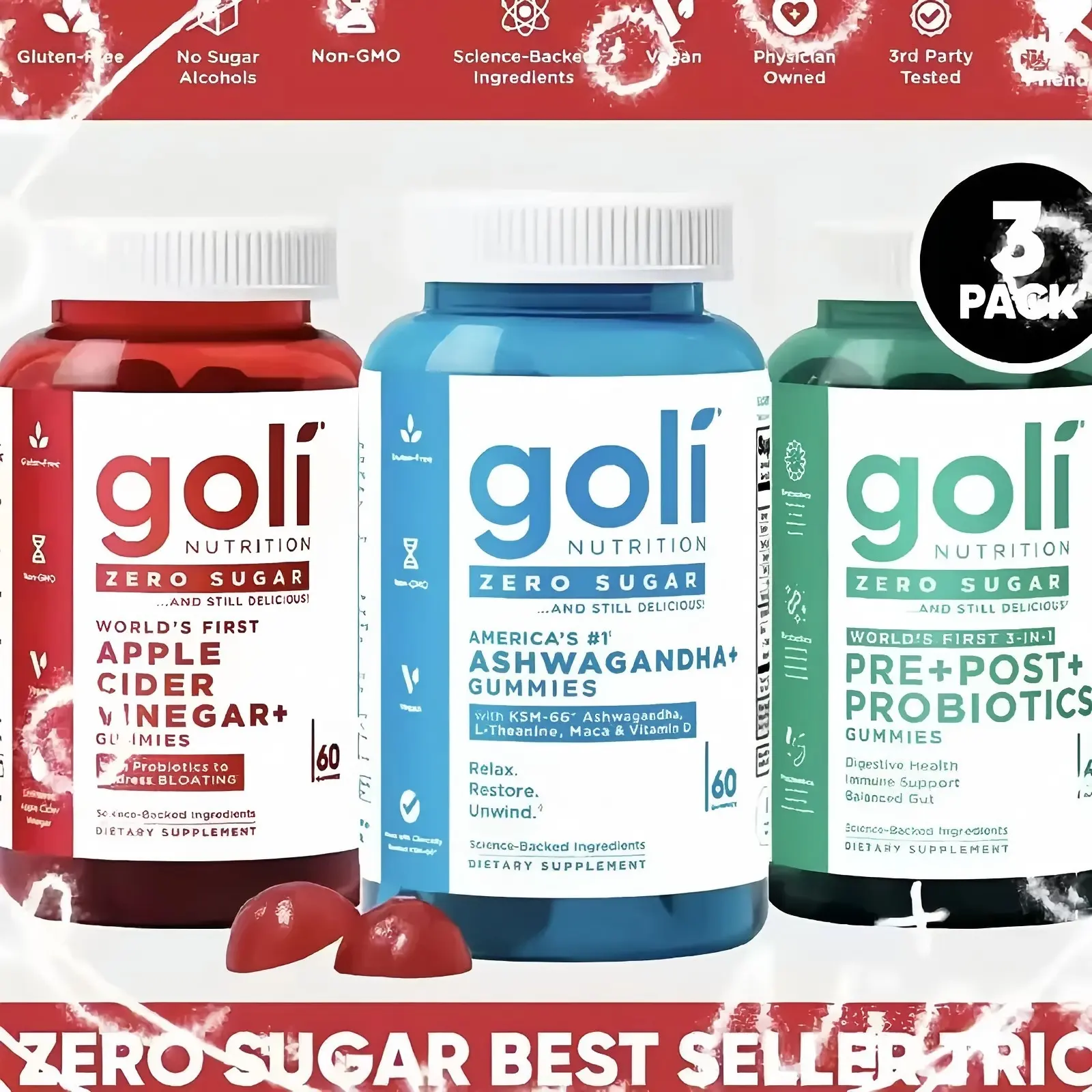 Zero Sugar 3‑in‑1 Gummies – Probiotic + Apple Cider Vinegar + Ashwagandha with B12, L‑Theanine, Vitamin D | Gluten-Free, Vegan