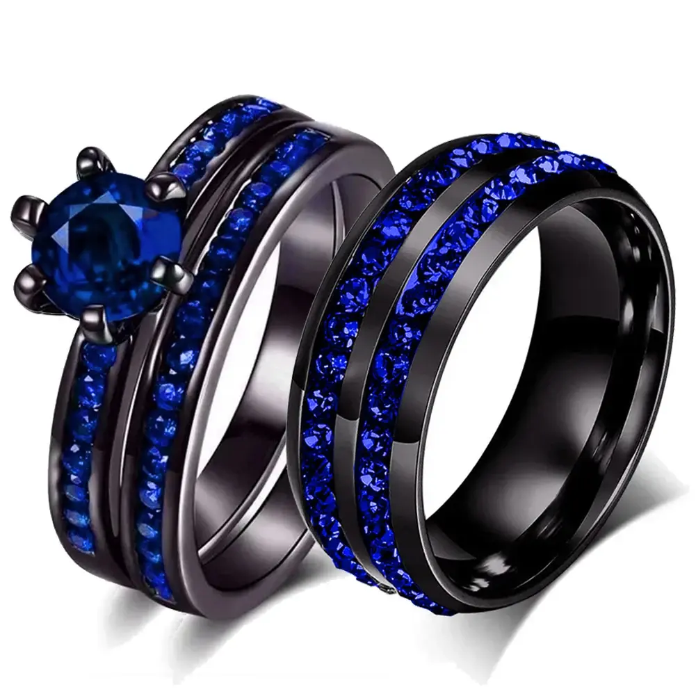 Fashion Couple Rings Romantic Blue Rhinestones CZ Women Rings Set Trendy Men Stainless Steel Zirconia Ring Wedding Band Jewelry