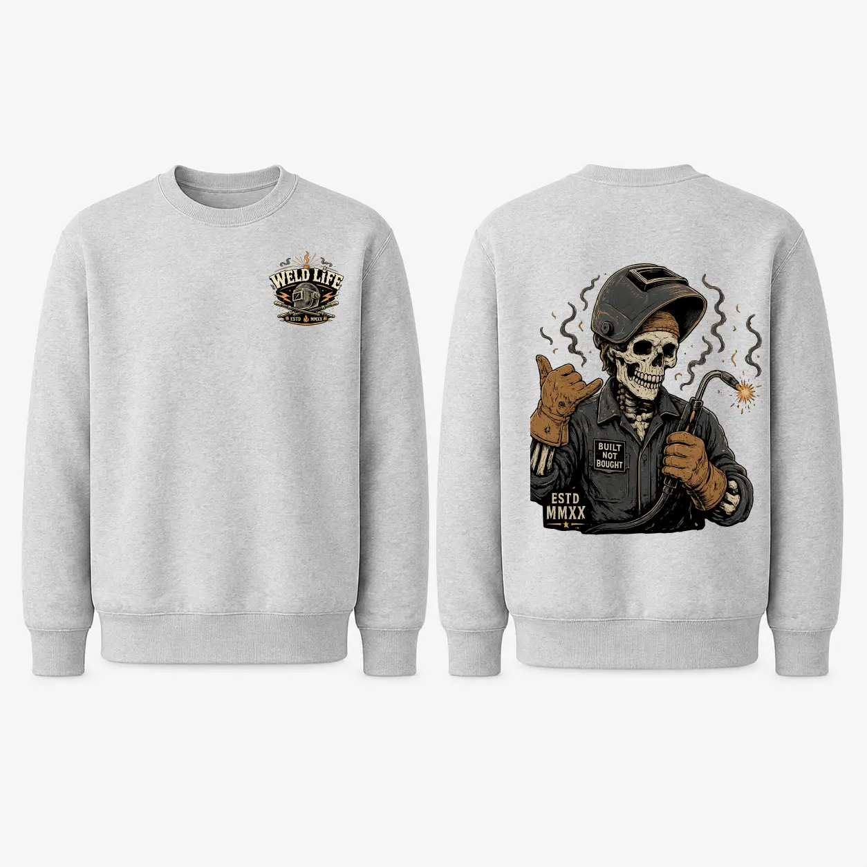 Men's Cotton Blend Graphic Sweatshirt, Welder Graphic Sweatshirt, Weld Life Crewneck Pullover, Skeleton Welder Design, Welding Apparel, Casual Long Sleeve Top