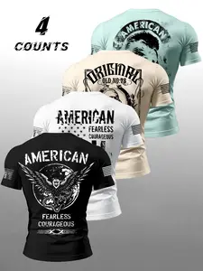 Men's Summer Vintage Flag Print Round Neck Short Sleeve T-Shirt Set, Soft Breathable Comfort, Outdoor Casual Streetwear Fashion, Multiple Colors Available