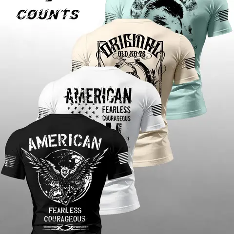 Men's Summer Vintage Classic Flag Print Round Neck Short Sleeve T-Shirt Set, Soft Breathable Comfort, Outdoor Casual Streetwear Fashion, Multiple Colors Available, Graphic Print Tees