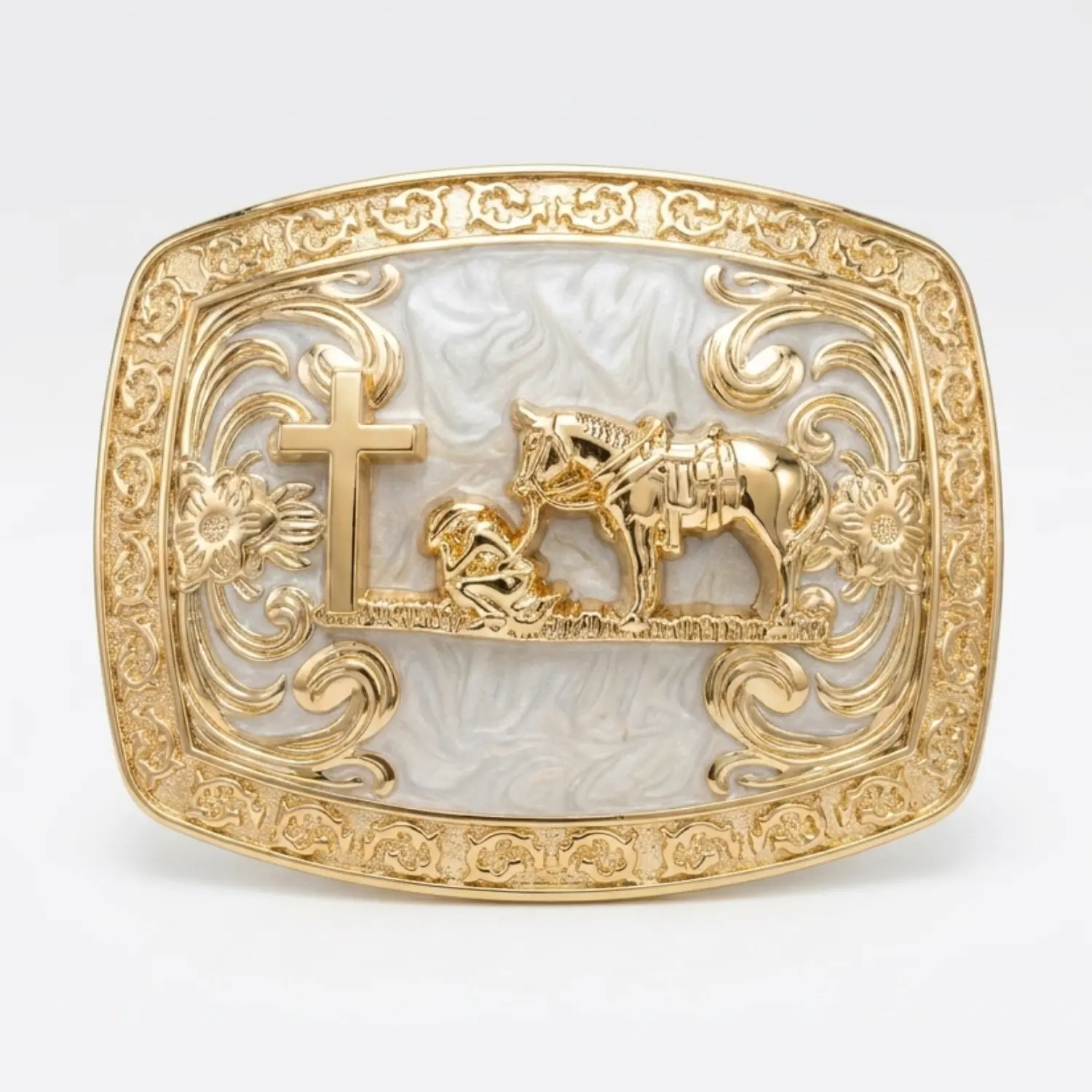Men's Western Buckle - Gold-Tone Zinc Alloy, 3D Cross, Horse Animal Motif, Vintage Floral Engraving, Heavy-Duty, Casual Wear, Fits 1.5"-1.9" Belts, 4.25x3.25" Size (Buckle Only, Rustic Charm Western Pattern, Engraved Metal Men's Belts Compatible)