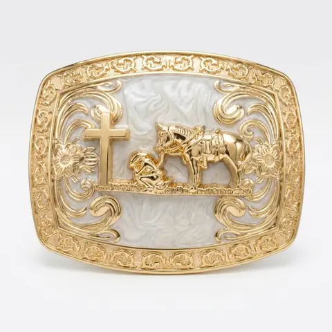 Men's Western Buckle - Gold-Tone Zinc Alloy, 3D Cross, Horse Animal Motif, Vintage Floral Engraving, Heavy-Duty, Casual Wear, Fits 1.5"-1.9" Belts, 4.25x3.25" Size (Buckle Only, Rustic Charm Western Pattern, Engraved Metal Men's Belts Compatible)