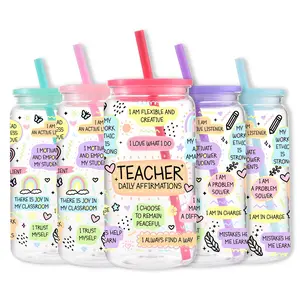 Teacher Daily Affirmations Plastic Mason Cup, 16oz/500ml Reusable Water Bottle with Lid & Straw, Portable Summer Cool Bottle, Teacher Appreciation Gifts, Tumbler, Elegant Bottle, Drinkware