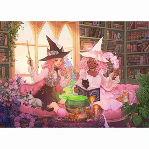 Full Drill Diamond Painting Kit - Whimsical Witch Coven Cozy Library Scene, Fantasy Girls & Cute Cats, Pastel Whimsigoth Art Style, Round Acrylic Diamonds, Diy Diamond Arts, Fantasy DIY Art for Home Decor, Ideal Gift for Cartoon Fans & Craft Enthusiasts