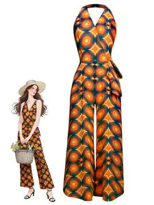 RETRO STAGE Women's Bohemian 1970s Vintage-Inspired Ankle-Length Polyester Halter Jumpsuit - Sleeveless, Geometric Print, Zipper Closure, Retro Car & Sunglasses Accents, Boho Clothes