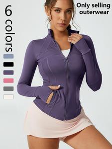 women's solid zip up thumb hole sports jacket, long sleeve zip front outerwear for yoga gym workout, ladies sportswear for all seasons, womenswear