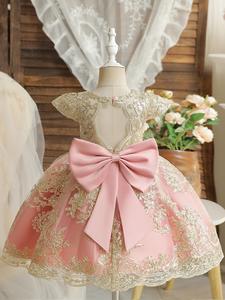 girl's embroidery contrast lace bow back fit and flare dress, elegant puff sleeve big bow decor contrast mesh dress for party performance wedding guest, girl clothes, kids clothes for all seasons, princess peach poofy dress, quinceanera dress