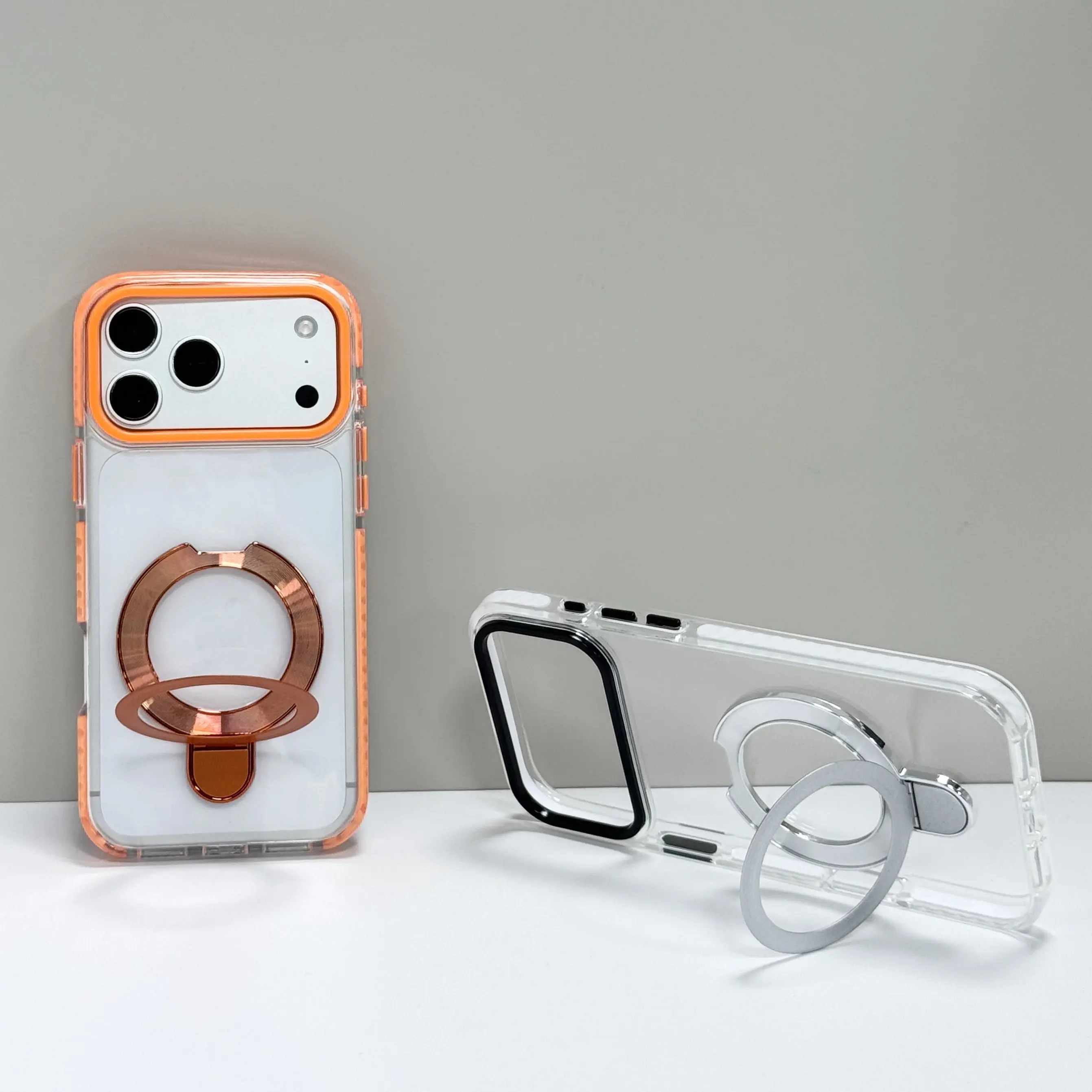 Luxury Clear Finish Pure Color Metal Stand Phone Case for iPhone 17 16 15 14 13 12 ProMax Pro Air Plus Skin-Friendly TPU Material Horizontally or Vertically Multi-angle Adjustable Stand Shockproof Drop-proof