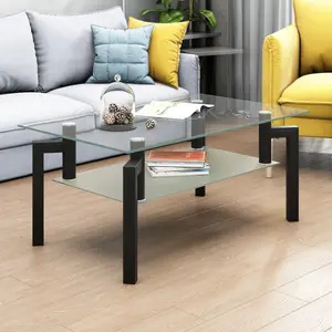 Rectangle Black Glass Coffee Table,Clear Coffee Table,Modern Side Center Tables for Living Room with 2 Tiers,39.1"(W) x 23.4"(D) x 17.1"(H)