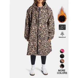 Women’s long leopard print colorblock windbreaker jacket, loose casual fit, waterproof warm coat for fall and winter, thermal lined outerwear