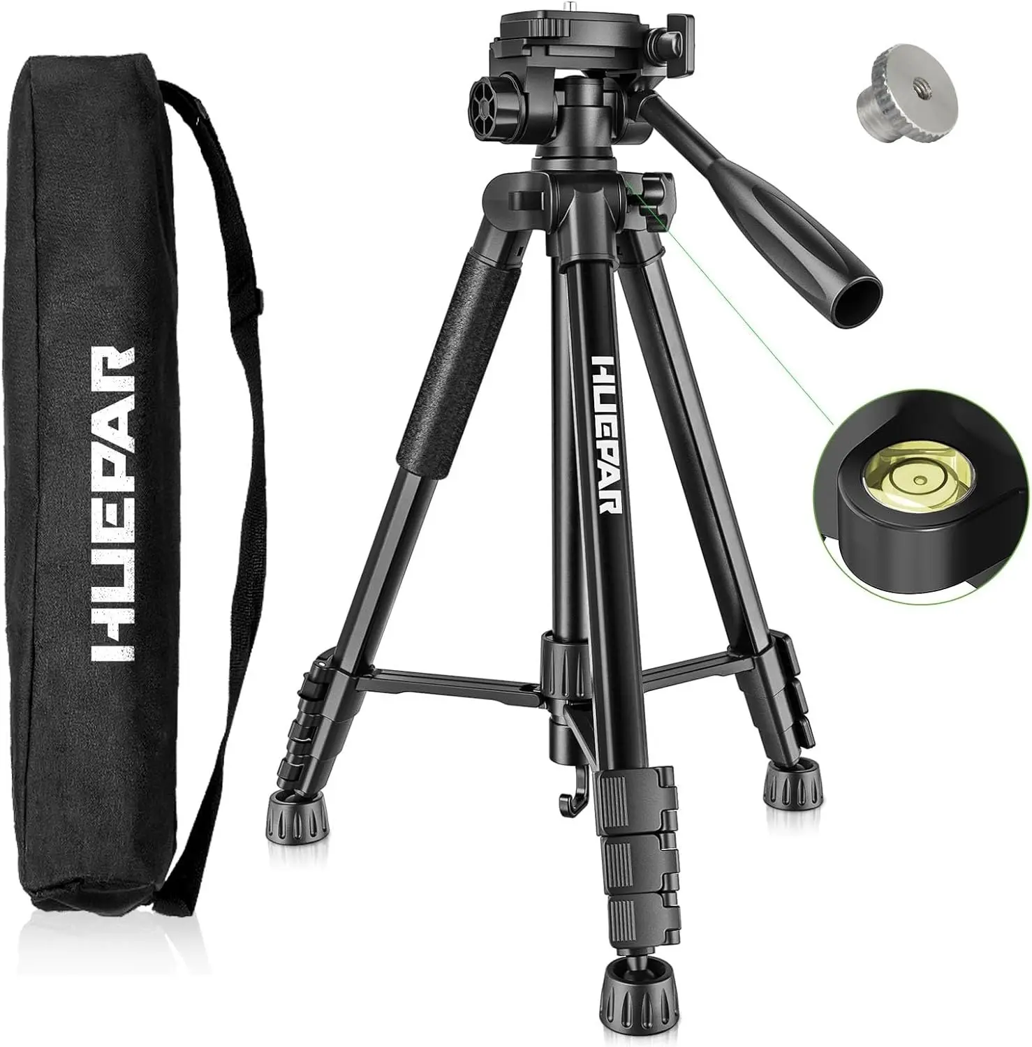 Huepar TPD14B Professional 57-in Adjustable Laser Level Tripod, Self Leveling Laser Compatible, Heavy Duty Measuring Tools Fit, 1/4"-5/8" Dual Thread Mount, Non-Slip Ft Stand, Laser Level Tool