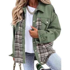 Fall & Winter women's denim jacket-long sleeve plaid button-up shirt jacket
