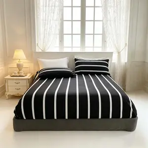 Vertical Stripes Design Fitted Sheet Set, Includes 1 Fitted Sheet and 2 Pillowcases Without Pillow Core, Soft Polyester, Suitable for Bedroom and Guest Room