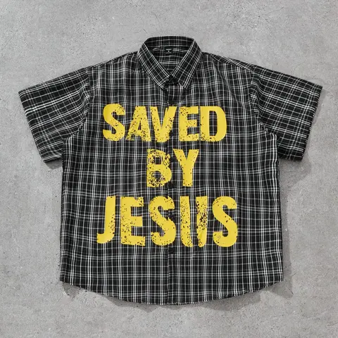 Men's Plaid Print & Letter Print Short Sleeve Shirt, Regular Fit Casual Comfy Top for Daily Wear, Men's Casual Comfy Collared Clothes for All Seasons, Button Front Shirts, Casual Printed, Checked Plaid Shirt