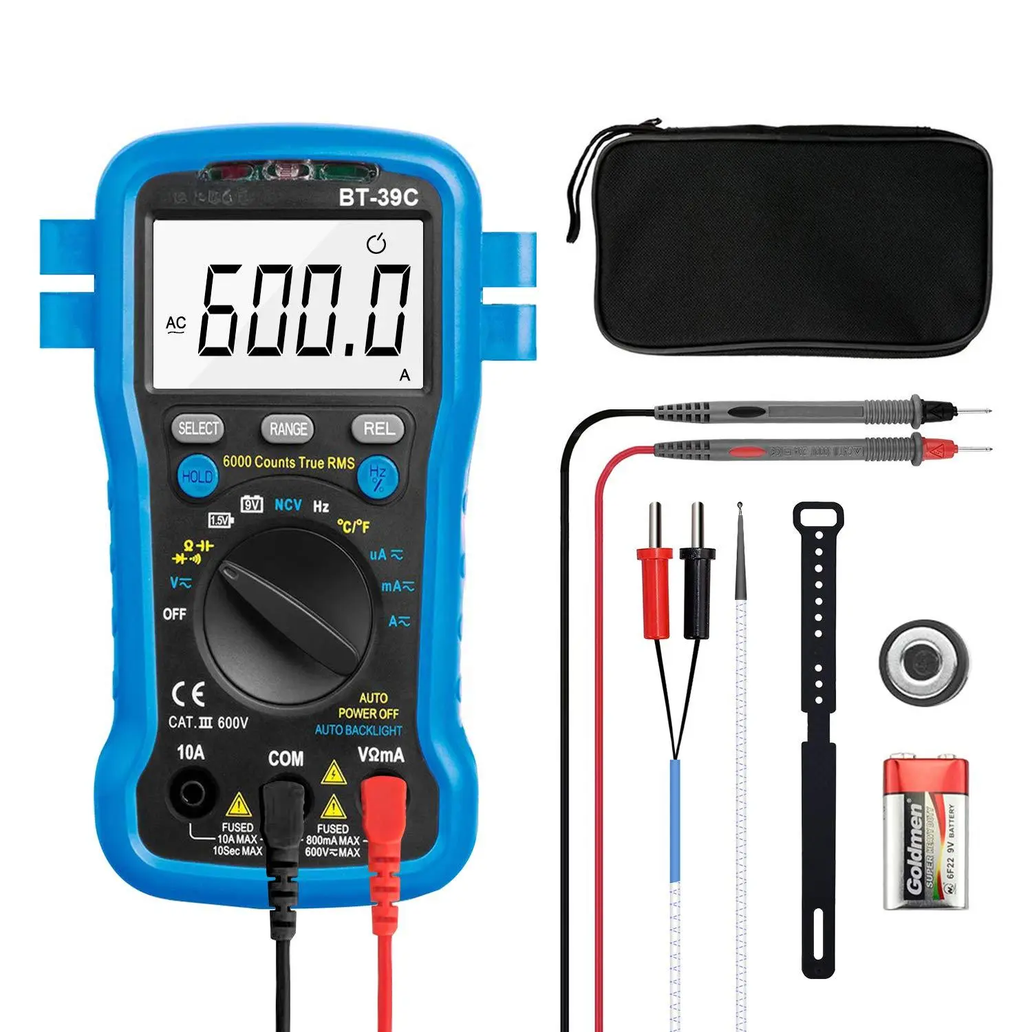 Bt-39c True Rms Multimeter  Auto Range Digital Avometer 6000 Counts Accurate Measures Ac/dc Amps Volts Ohms Capacitance Frequency With Backlight Ncv Temp Test