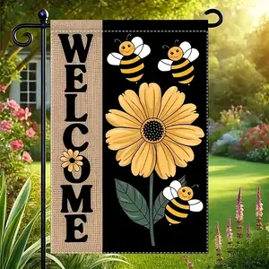 Welcome Bee Wild Chrysanthemum Garden Flag, Suitable for Outdoor Courtyard Garden Lawn Decoration, 12x18 Inches, Double-Sided, Linen Material, No Flagpole