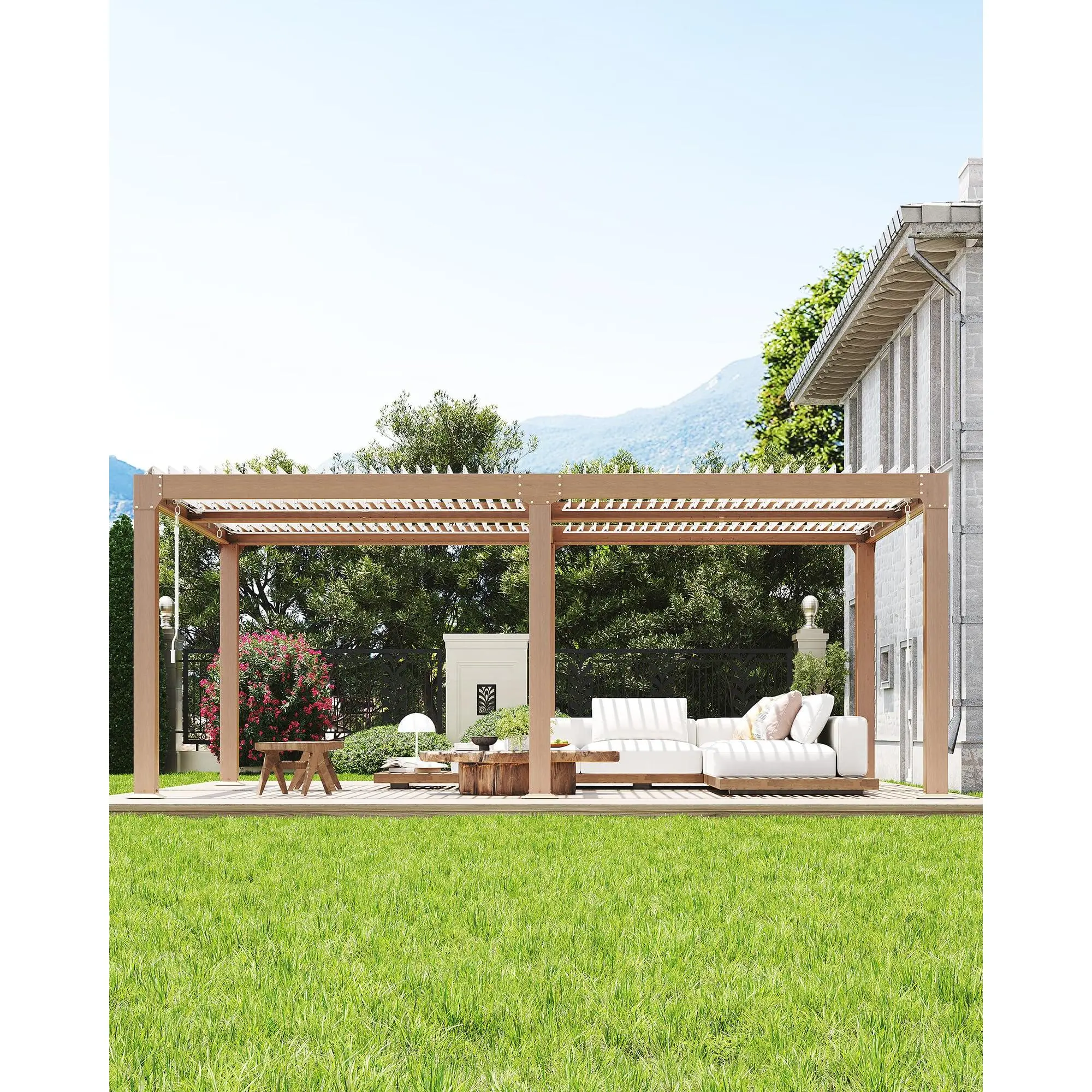 Louvered Pergola , Outdoor Pergola with Adjustable Louvered Roof, Reinforced Aluminum Frame, Integrated Drainage System, Hardtop Gazebo for Patio, Deck and Backyard, Wood Grain Finish Sun Canopy Uv Resistant Canopy