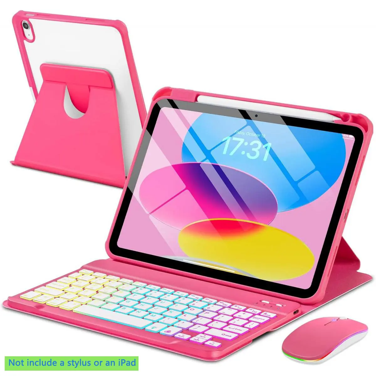 Case with Keyboard Mouse for iPad A16 11th 10th Generation 11/10.9 inch,Rainbow Backlit Detachable Keypad Rotatable Magnetic Cover Pencil Holder for iPad 11 2025 10 Gen 2022 Watermelon Red