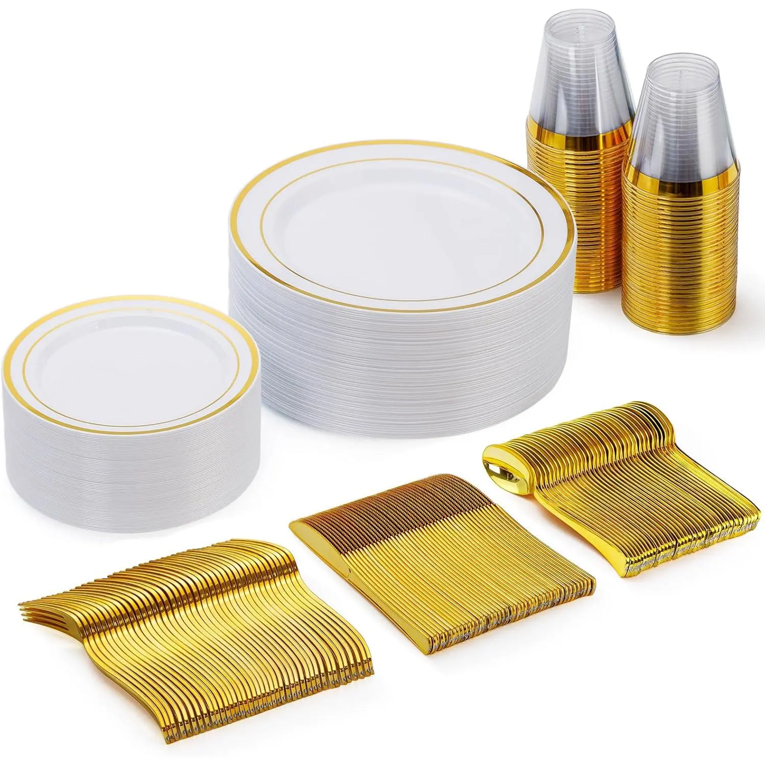 Goodluck Gold Solid Round Disposable Tableware Set - 150-Piece Plastic Dishes & Cutlery Set for 25 Guests, Plates, Cups, Forks, Knives, Salad Spoons for Party, Wedding, Anniversary, Dishes Set, Classic Disposable Tableware Supplies