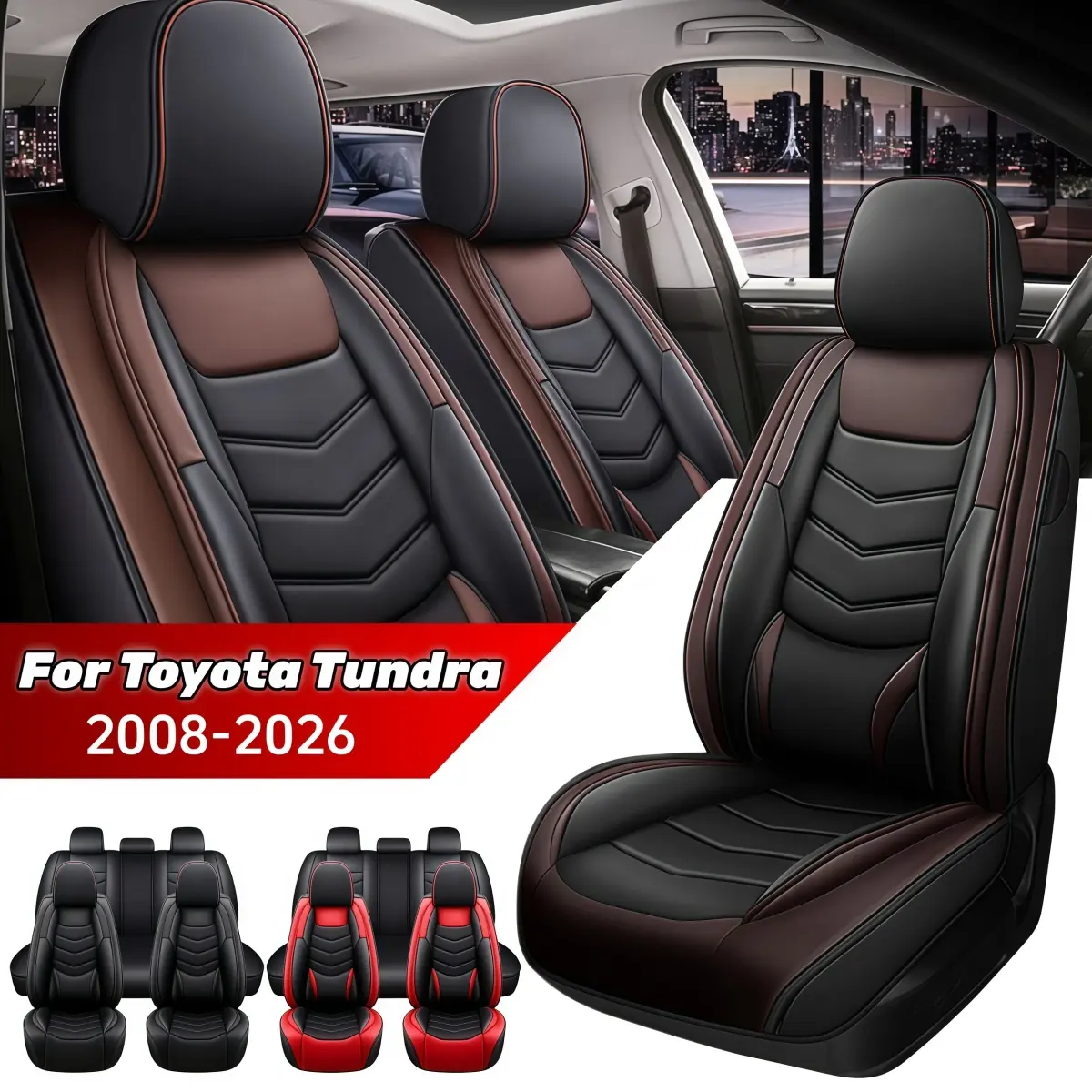 Full Set Car Seat Covers for Toyota Tundra 2008-2026 Pickup, 2 Front & 7 Rear Covers, Breathable Leather Waterproof Cushion Protector with 69*60*12cm 3D Waist Pillows, 2 Front Seat Covers