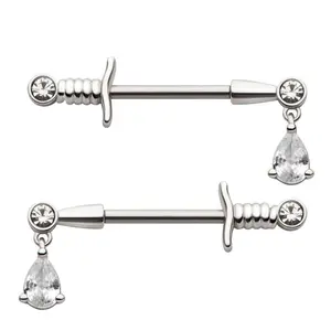 Teardrop Clear CZ Dagger Stainless Steel Nipple Barbell